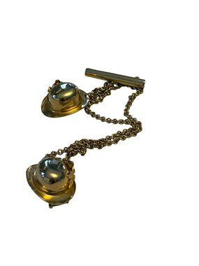 Vintage Gold Tone Sweater Guard Double Hat Brooch Chain Bar Pin Western Style 7.